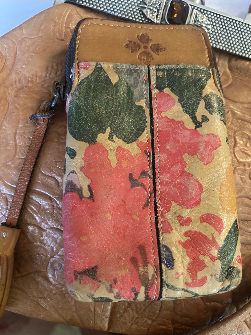 Patricia Nash Floral Leather Wristlet in Pink, Green & Tan